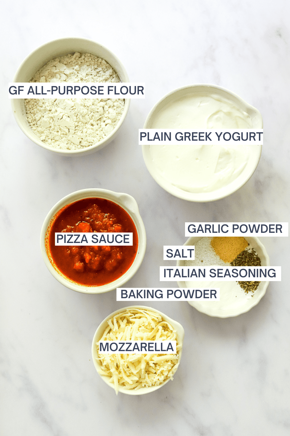 Ingredients for protein pizza with labels over each ingredient. 