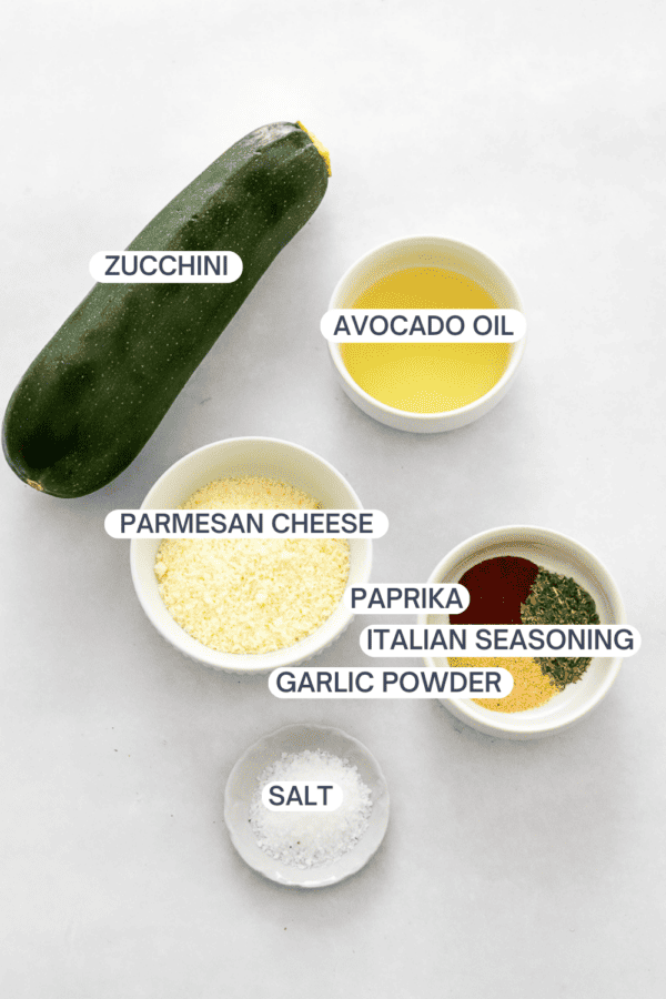 Ingredients for zucchini chips with labels over each ingredient.
