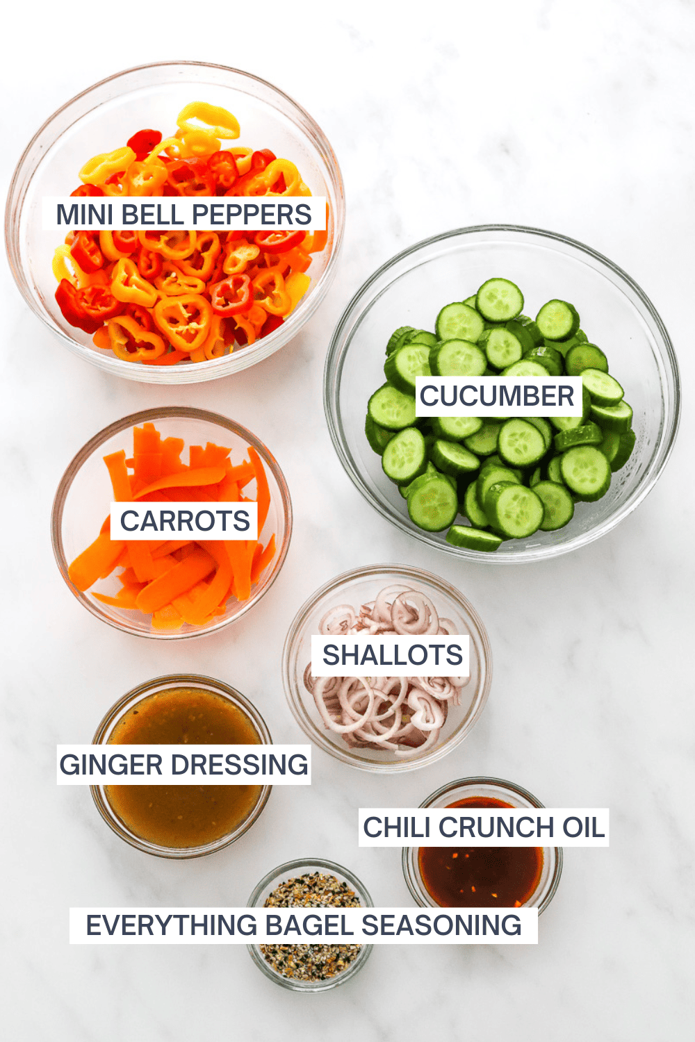 Cucumber pepper salad ingredients with labels for each ingredient.