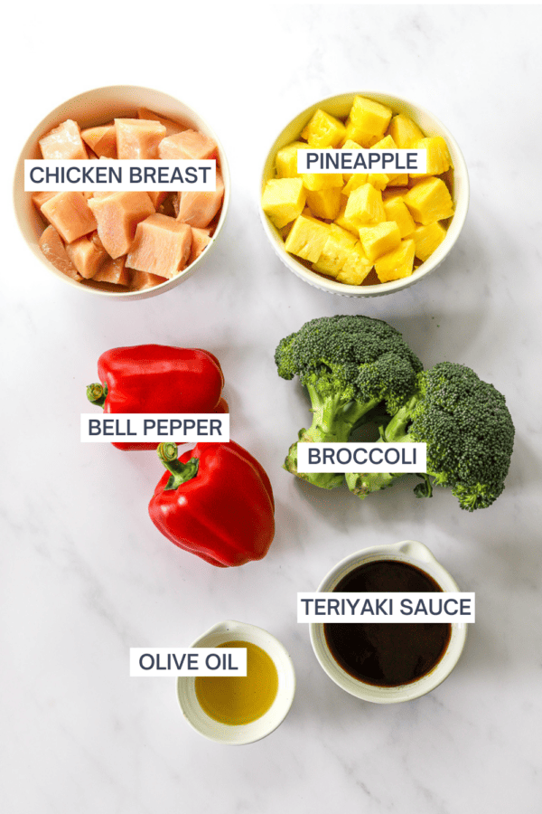Ingredients for pineapple chicken teriyaki with labels over each ingredient.