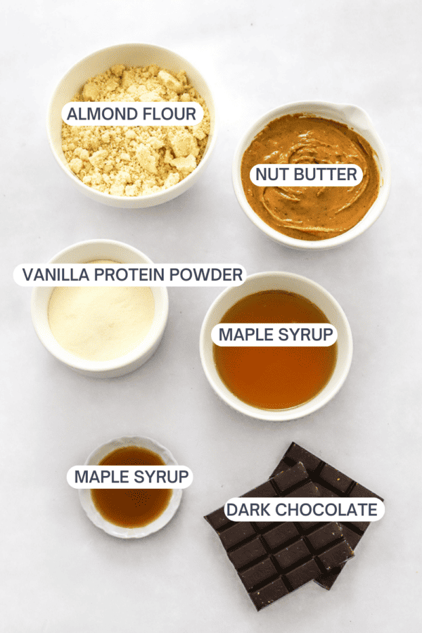 Ingredients for protein cookie dough with labels over each ingredient.