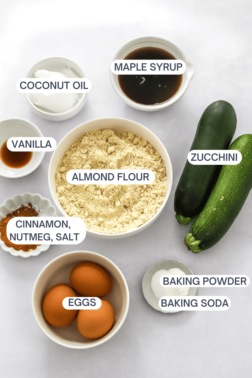 Ingredients for healthy zucchini cake with labels over each ingredient. 