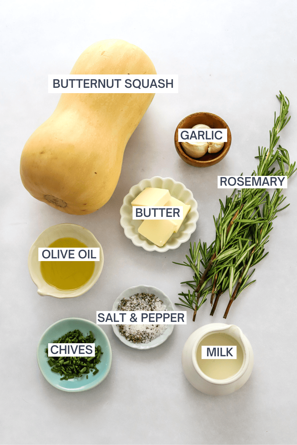 Ingredient for mashed squash with labels over each ingredient. 