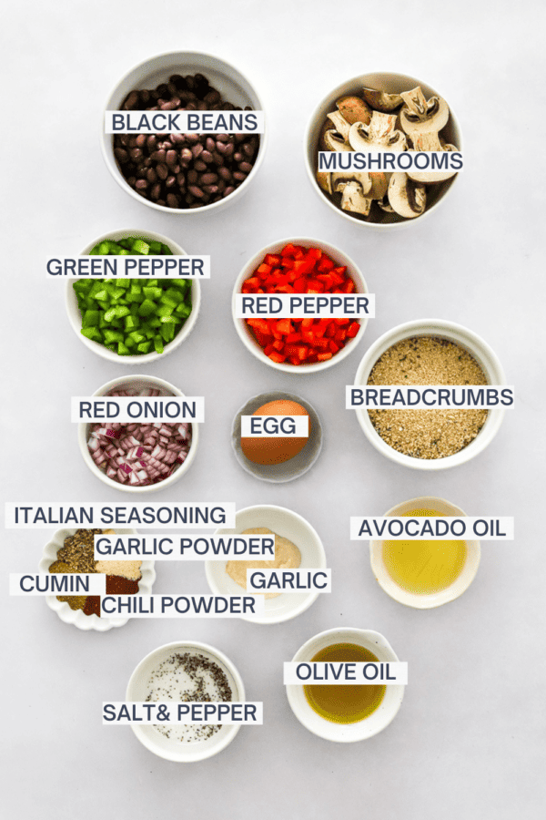 Ingredients for black bean burgers with labels over each ingredient.