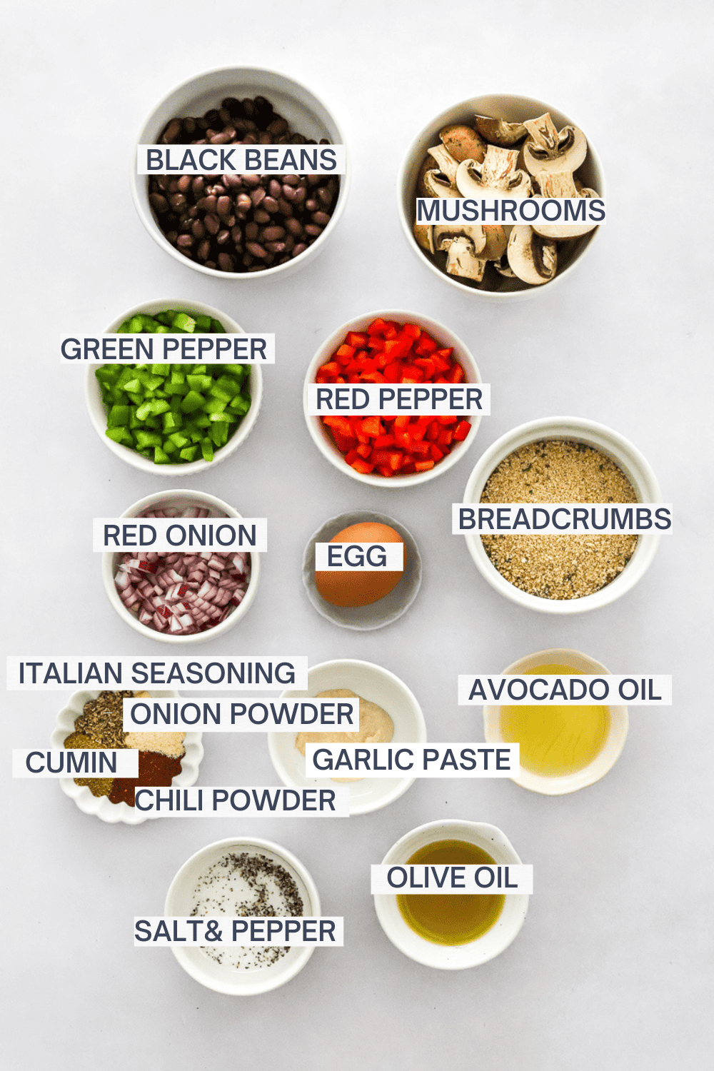 Ingredients for black bean veggies burgers with labels over each ingredient. 