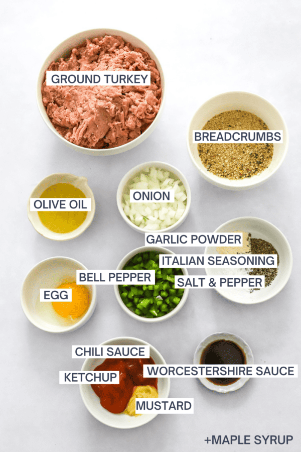 Ingredients for mini turkey meatloafs with labels over each ingredient.