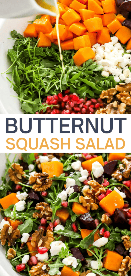 Enjoy this easy and flavourful fall squash salad for a hearty side or main dish that is delicious and satisfying. Made with roasted butternut squash, beets, walnuts, goat cheese and arugula for a crowd-pleasing salad everyone will go crazy for!