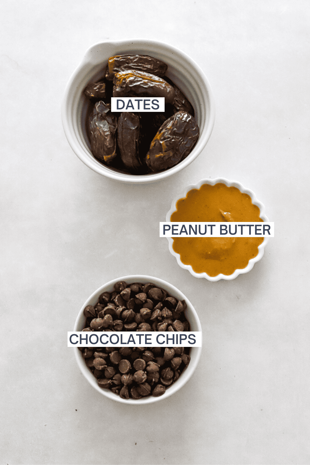 Ingredients for date cookies in bowls with labels over each ingredient.
