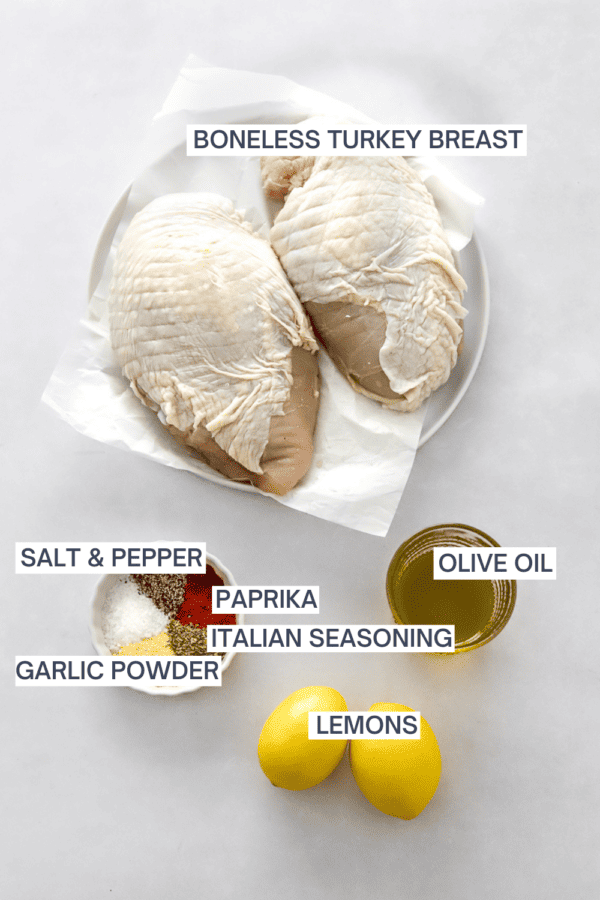 Ingredients for roasted boneless turkey breast with labels over each ingredient.