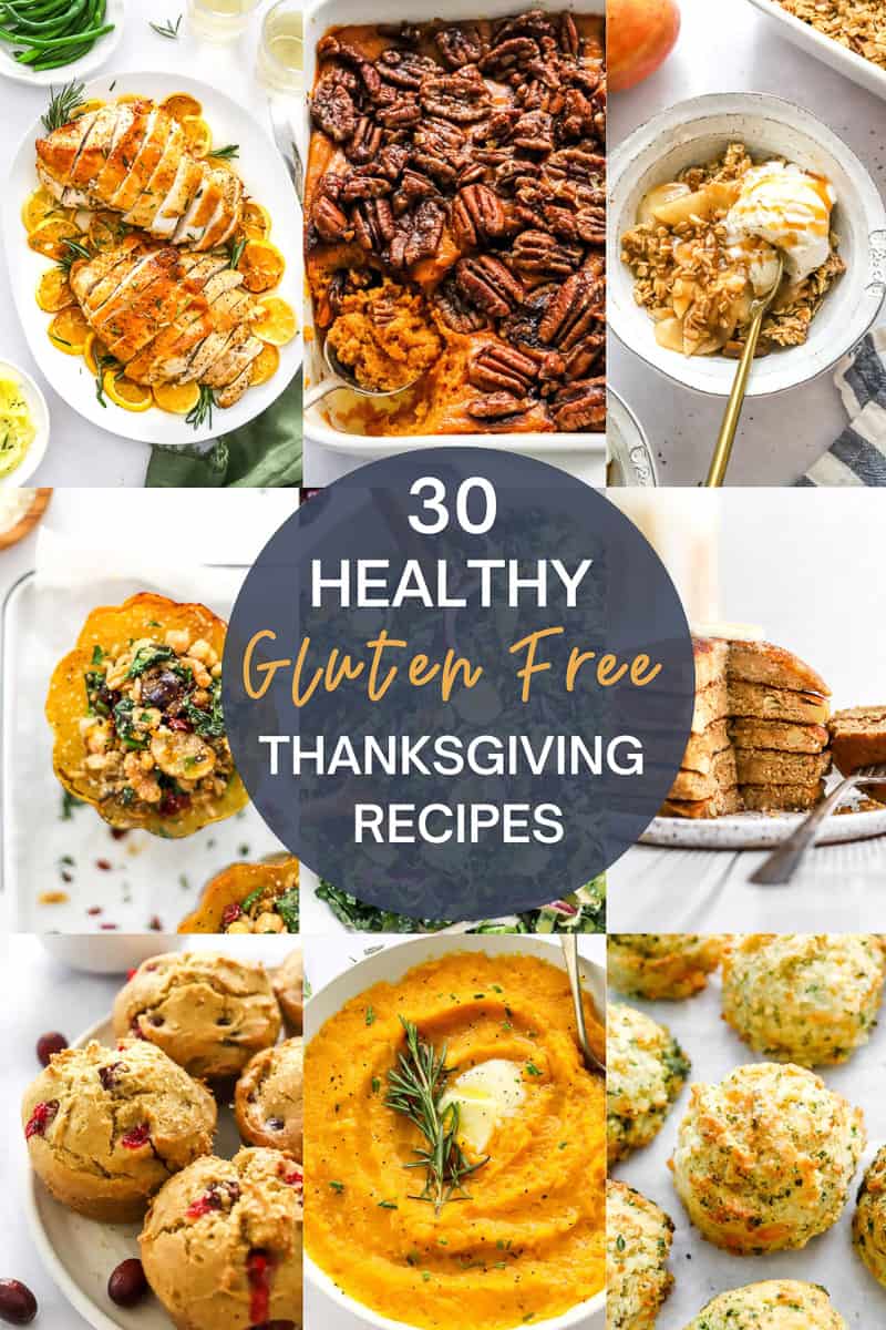 Collage of 30 gluten free thanksgiving recipes.