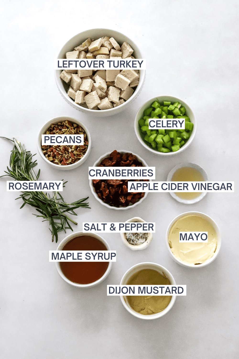 Ingredients for turkey salad in bowls with labels over each ingredient. 