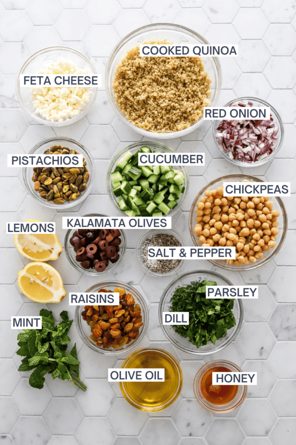 Ingredients for the viral Jennifer anniston salad with labels over each ingredient.