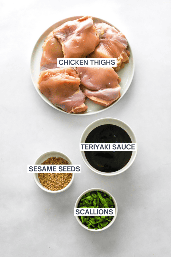 Ingredients for air fryer chicken teriyaki with labels over each ingredient.