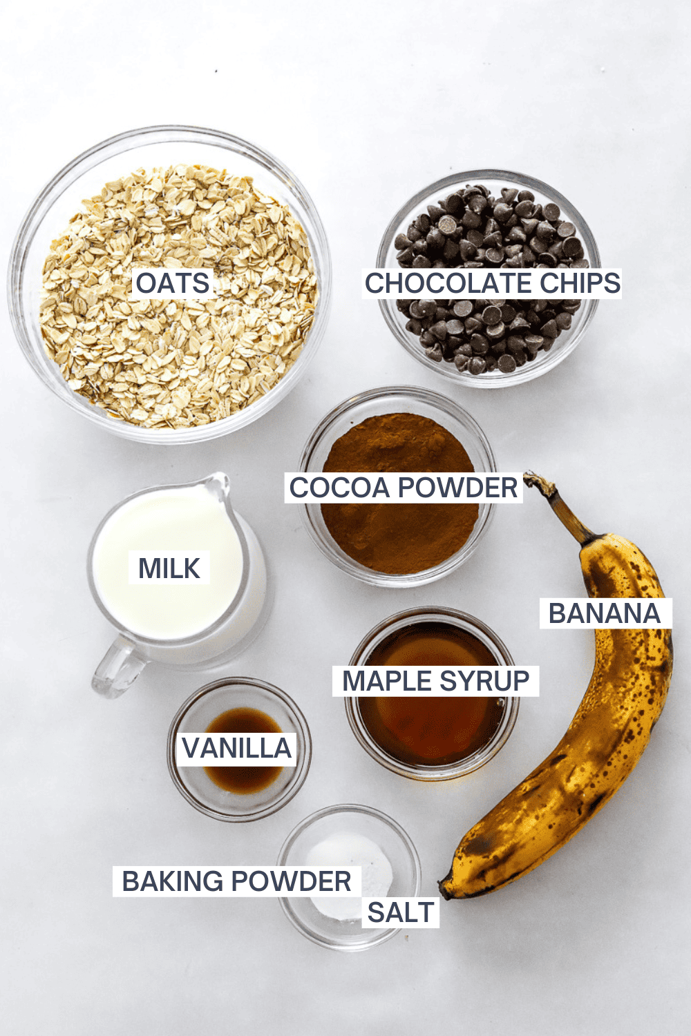 Ingredients for brownie baked oatmeal with labels.