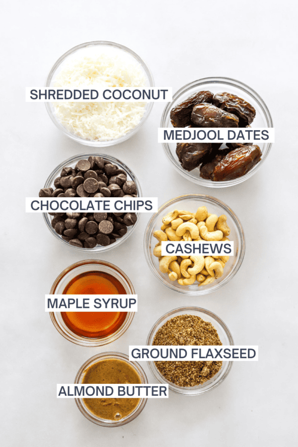 Ingredients for Healthy Samoas cookies in glass bowls with labels over each ingredient.