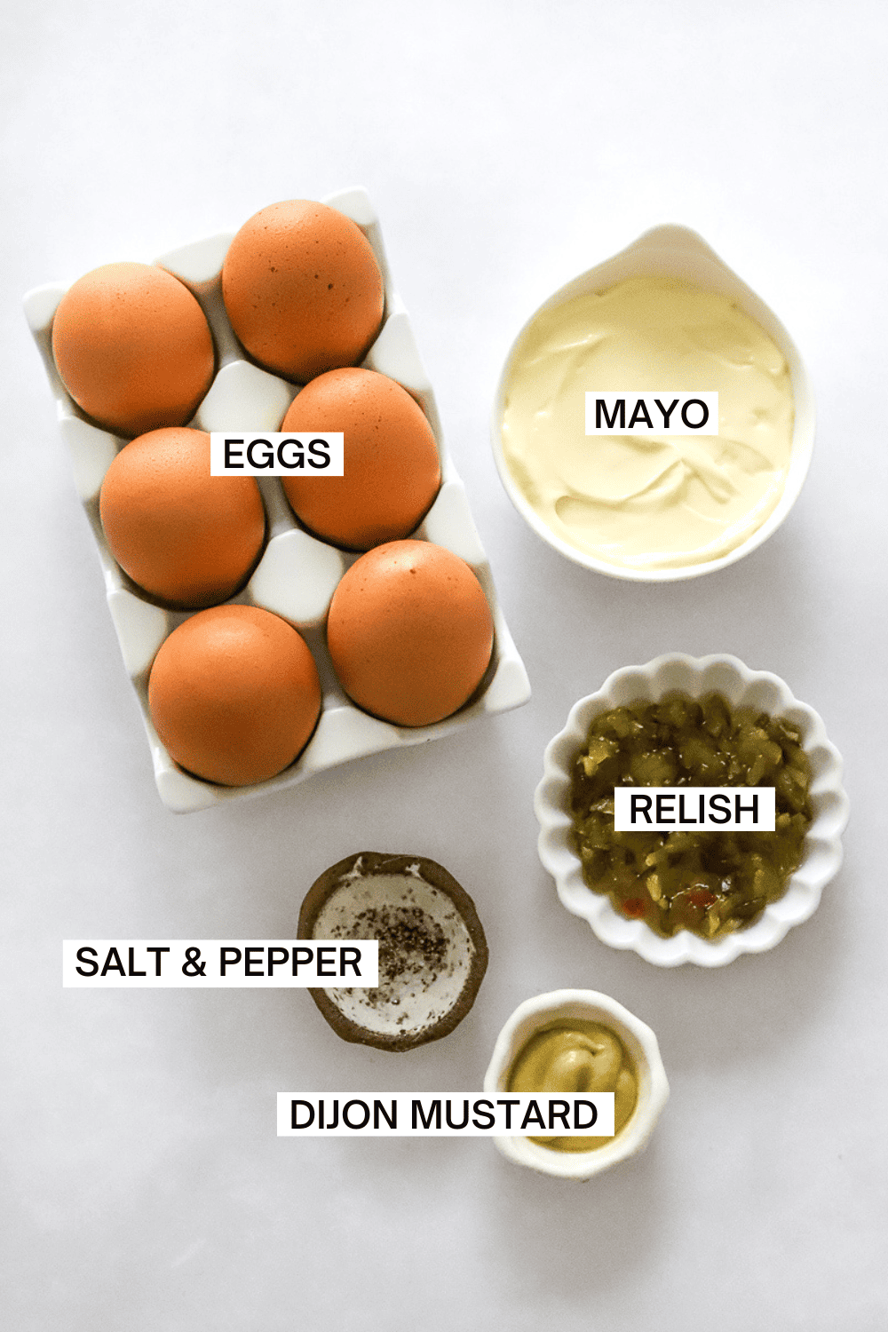 Ingredients for devilled eggs with relish - with labels