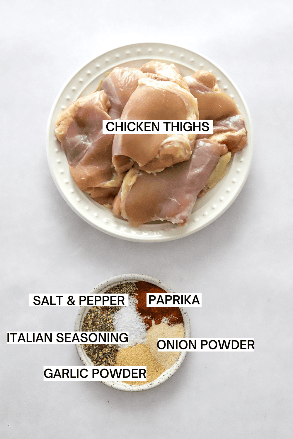 Ingredients for air fryer chicken thighs with labels over each ingredient. 