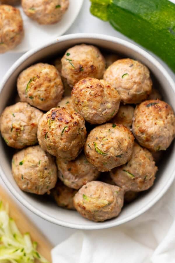 Bowl of cooked turkey zucchini meatballs.