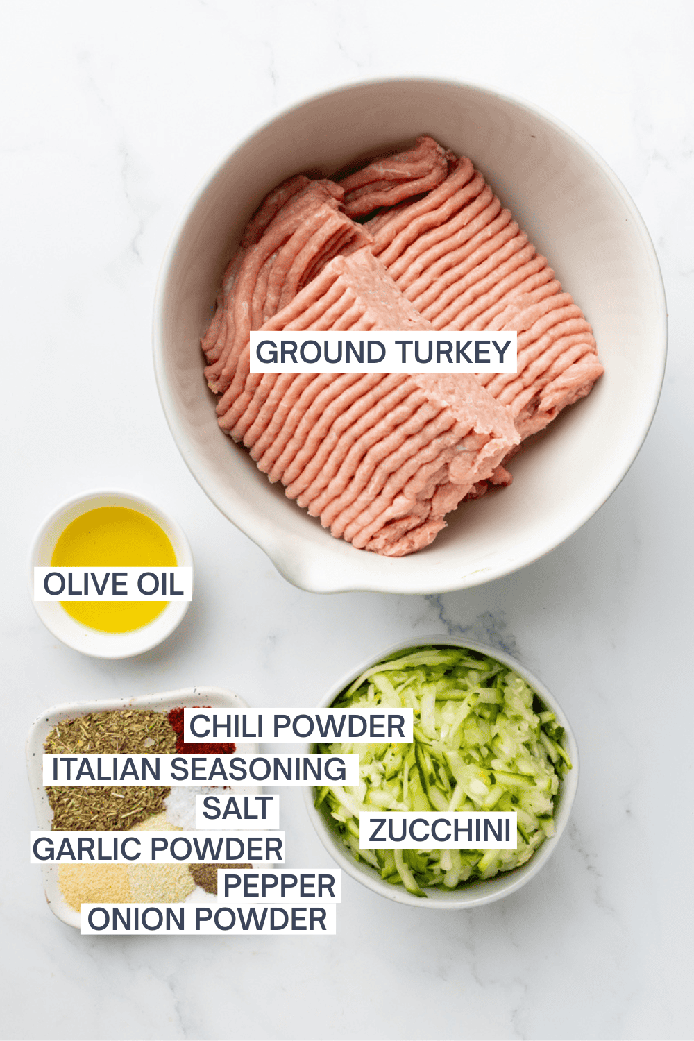 Ingredients for turkey zucchini meatballs in bowls with labels over each ingredient. 