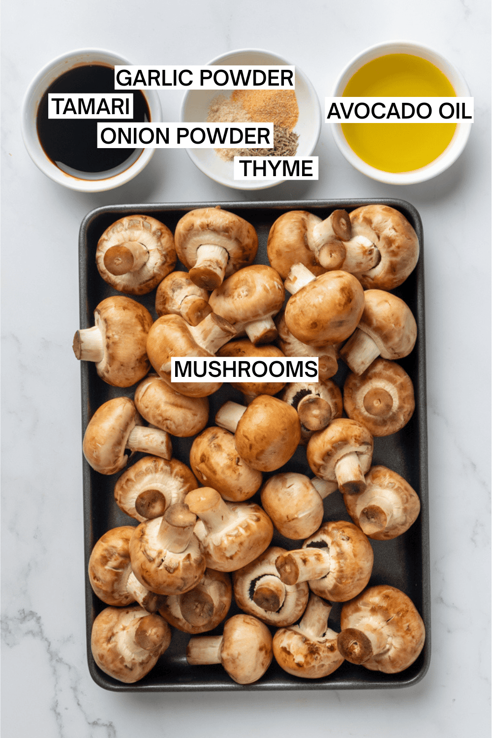 Ingredients for air fryer mushrooms with labels over each ingredient.