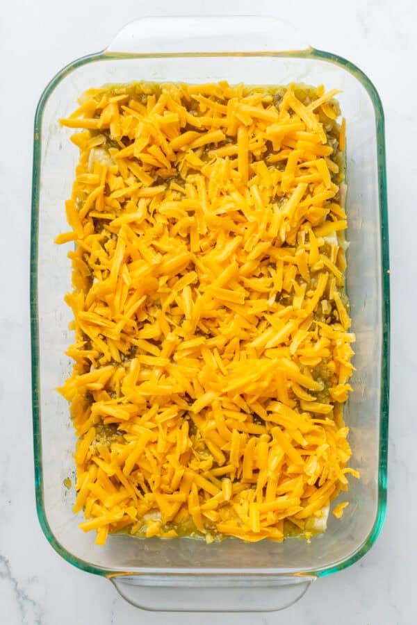Glass pan filled with assembled green chicken enchiladas topped with shredded cheddar cheese before being cooked and melted.