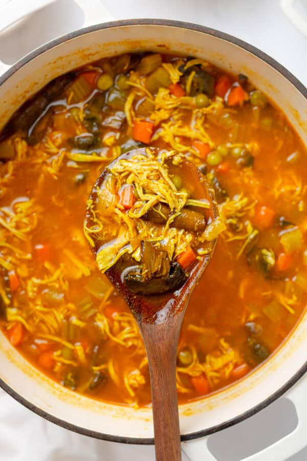 Spoon with chicken soup on it with a pot of soup behind it.