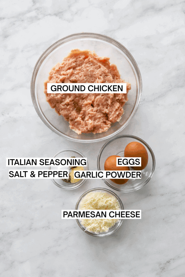 Ingredients for chicken pizza crust in bowls with labels over each ingredient.