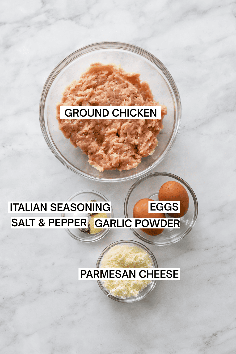 Ingredients for chicken pizza crust in bowls with labels over each ingredient. 