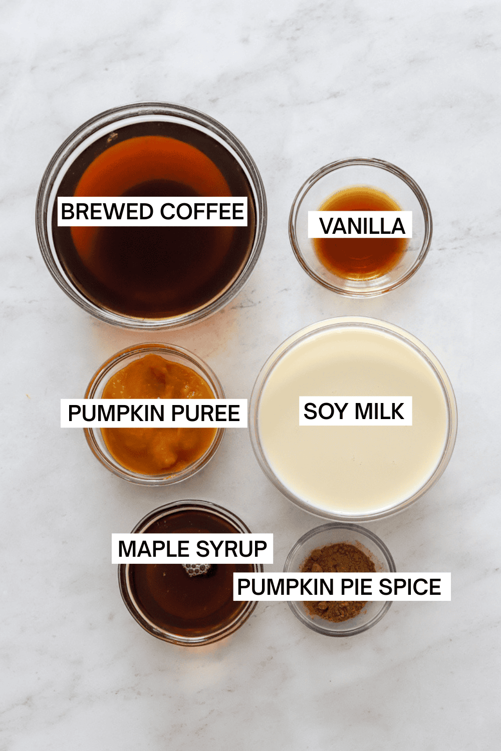 Ingredients for pumpkin spice latte's in bowls with labels over each ingredient. 