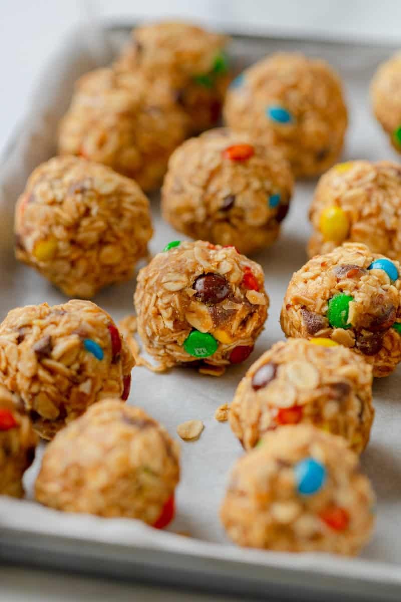 Monster cookie balls on a line pan. 