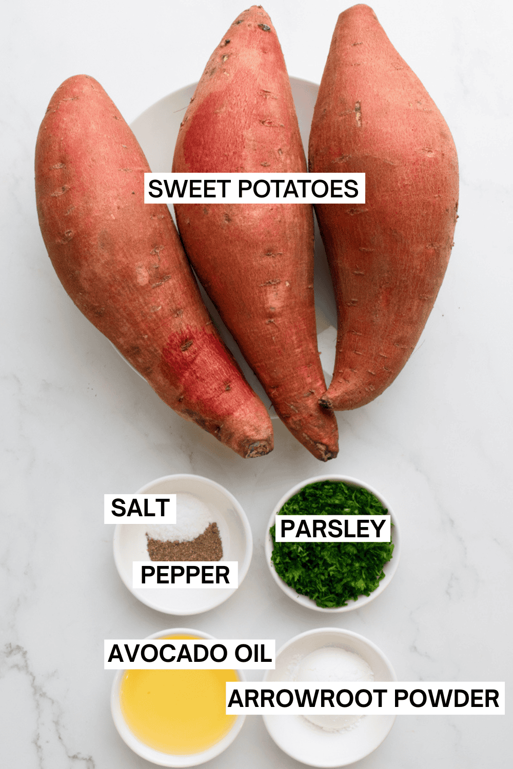 Ingredients for paleo sweet potato fries with labels over each ingredient. 