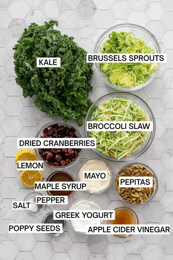 Ingredients for sweet kale salad in bowl with labels over each ingredient.