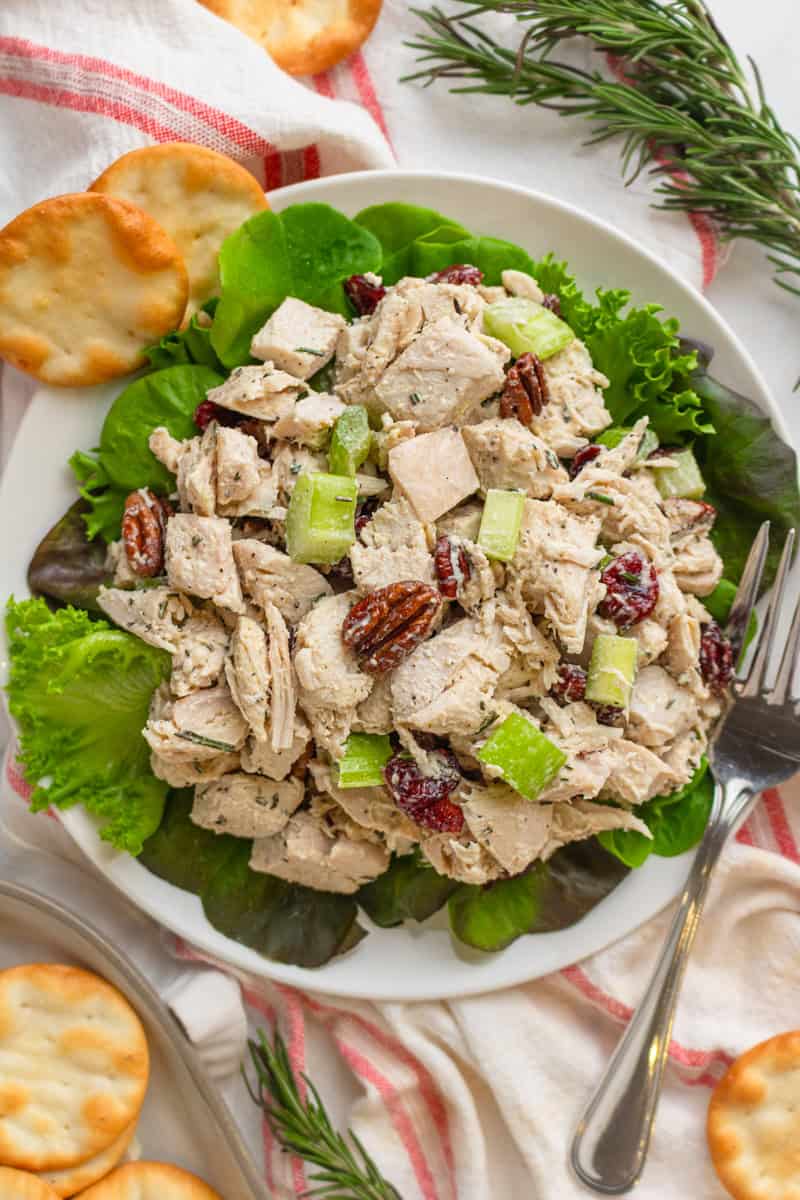 Leftover turkey salad over lettuce on a plate with crackers around it.