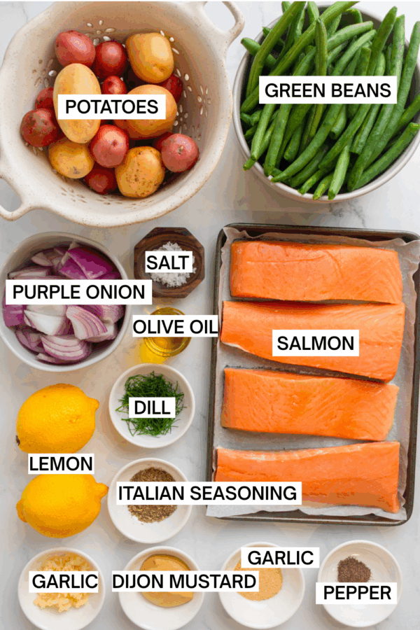 Ingredients for sheet pan salmon with green beans and potatoes with labels over each ingredient.