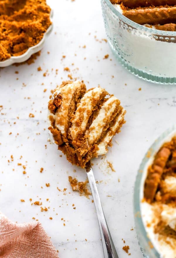 Spoon filled with yogurt biscoff cheesecake with some in a dish in front of it.