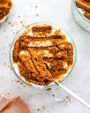 Dish of viral yogurt cheesecake with a spoonful on top and a pink towel in front of it.