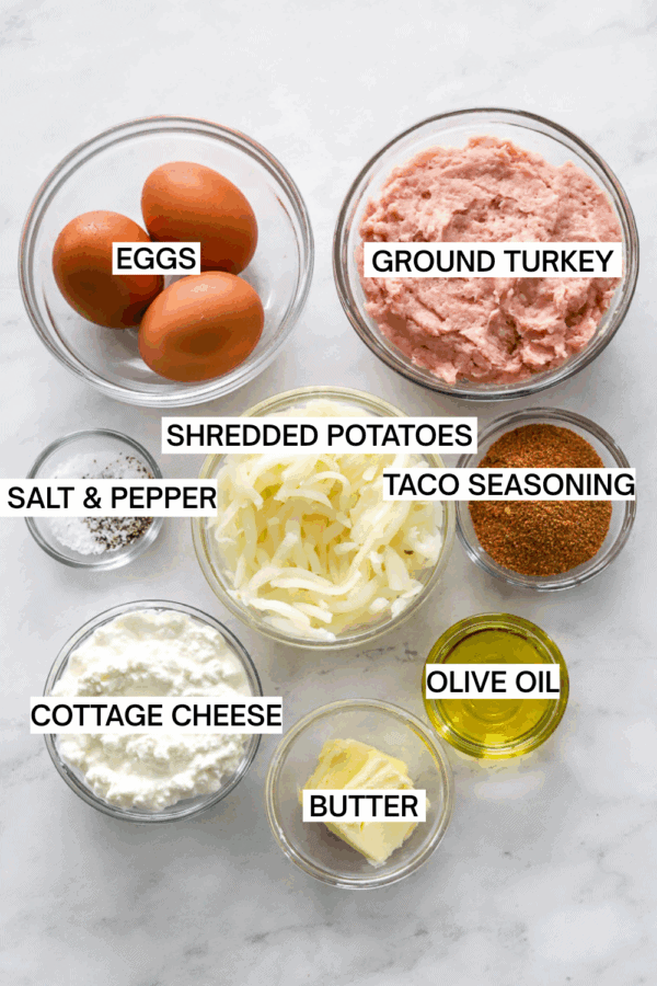 High Protein Breakfast Bowl Ingredients in bowls with labels.