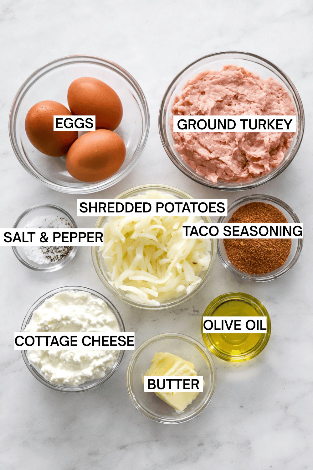 High Protein Breakfast Bowl Ingredients in bowls with labels.