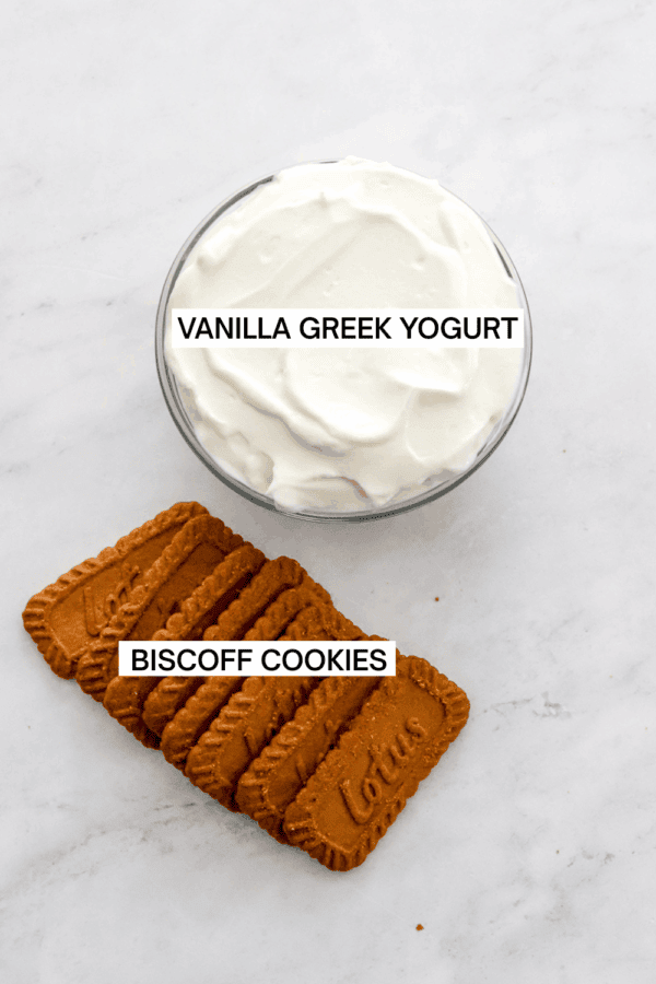 Ingredients for 2 ingredient greek yogurt cheesecake with labels over each ingredient.