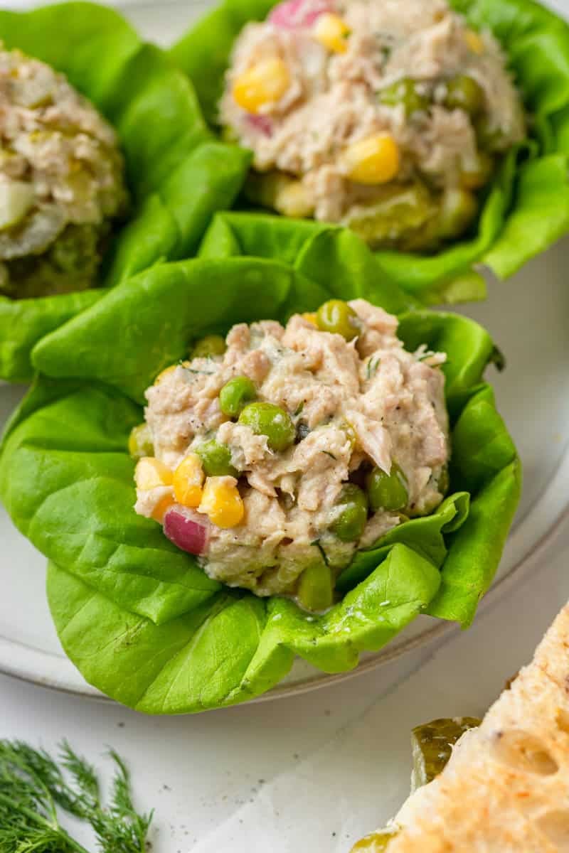 Tuna salad lettuce cups on a plate.