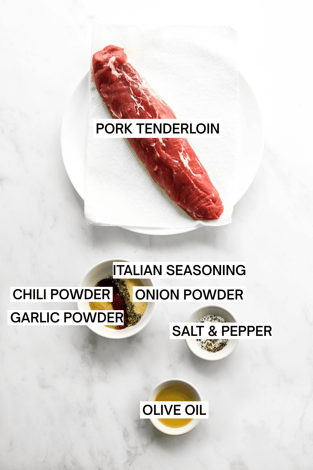 Ingredients for air fried pork tenderloin in bowls with labels over each ingredient. 