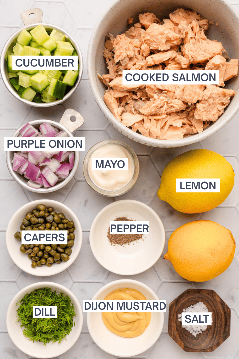 Ingredients for canned salmon salad in bowls with labels over each ingredient. 