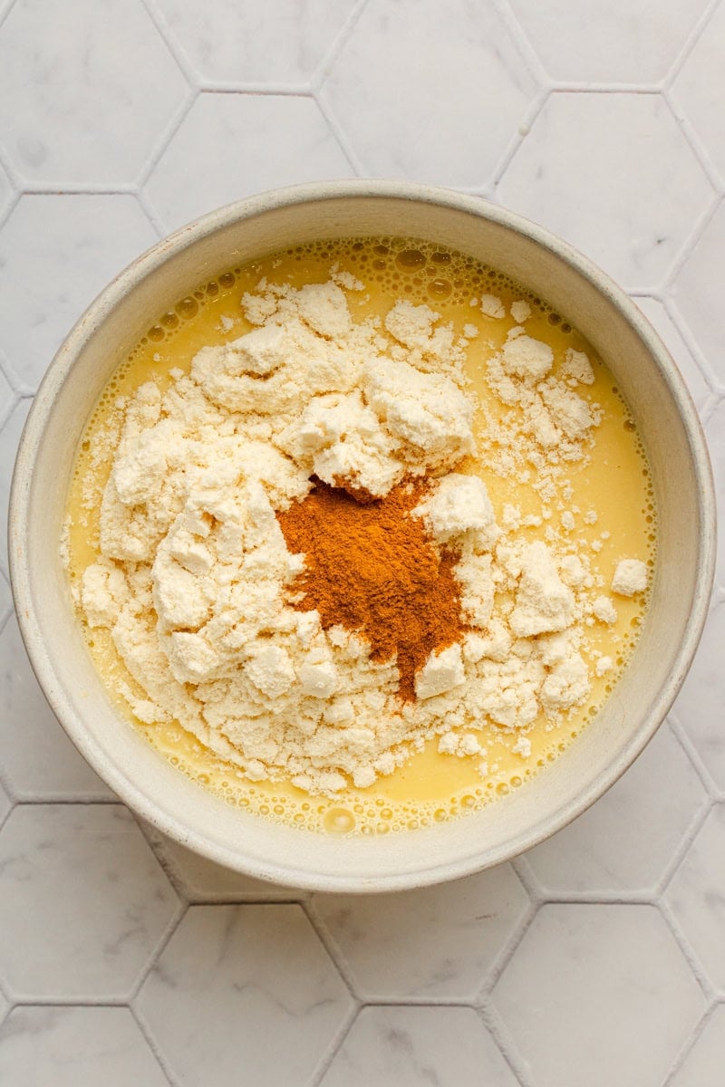 French toast protein mixture in a shallow bowl. 