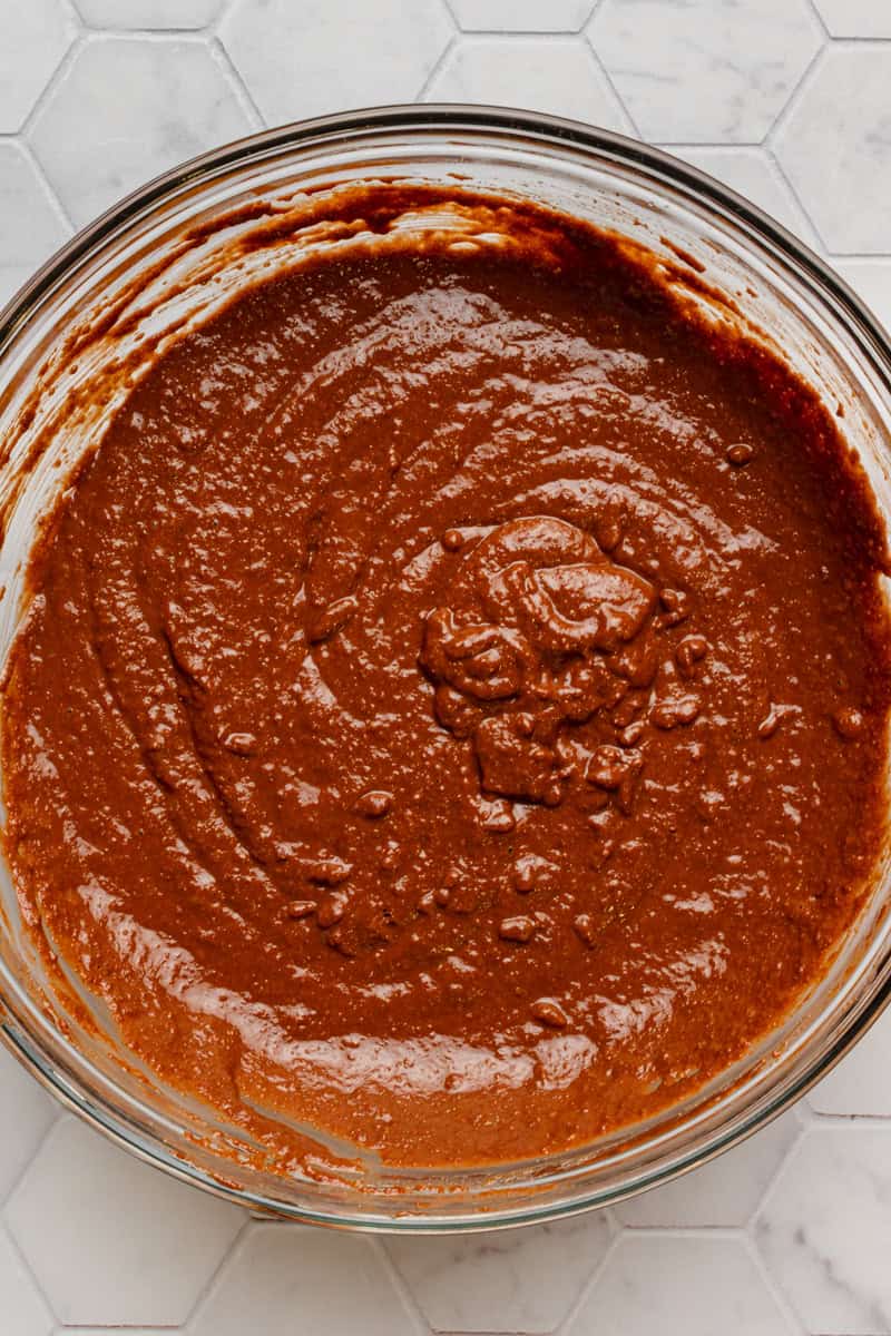 Wet muffin ingredients mixed in a bowl. 