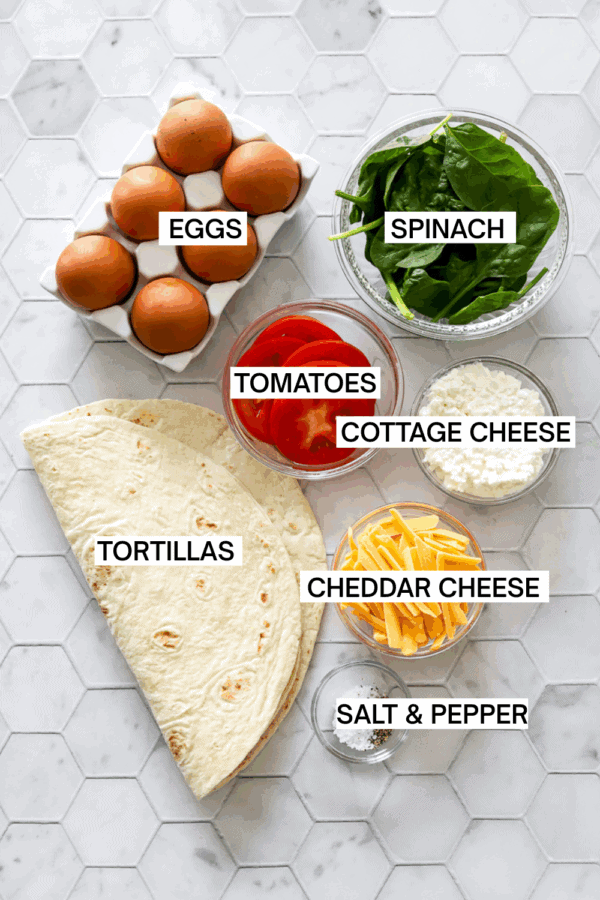 Tortilla quiche ingredients with labels over each ingredient.