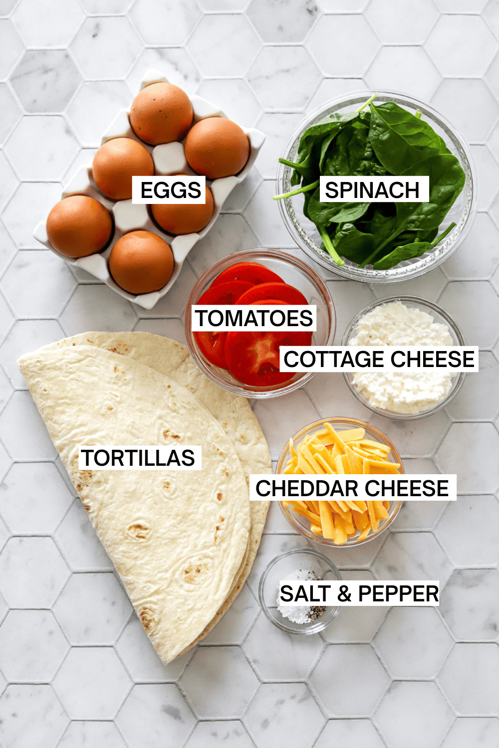 Tortilla quiche ingredients with labels over each ingredient.