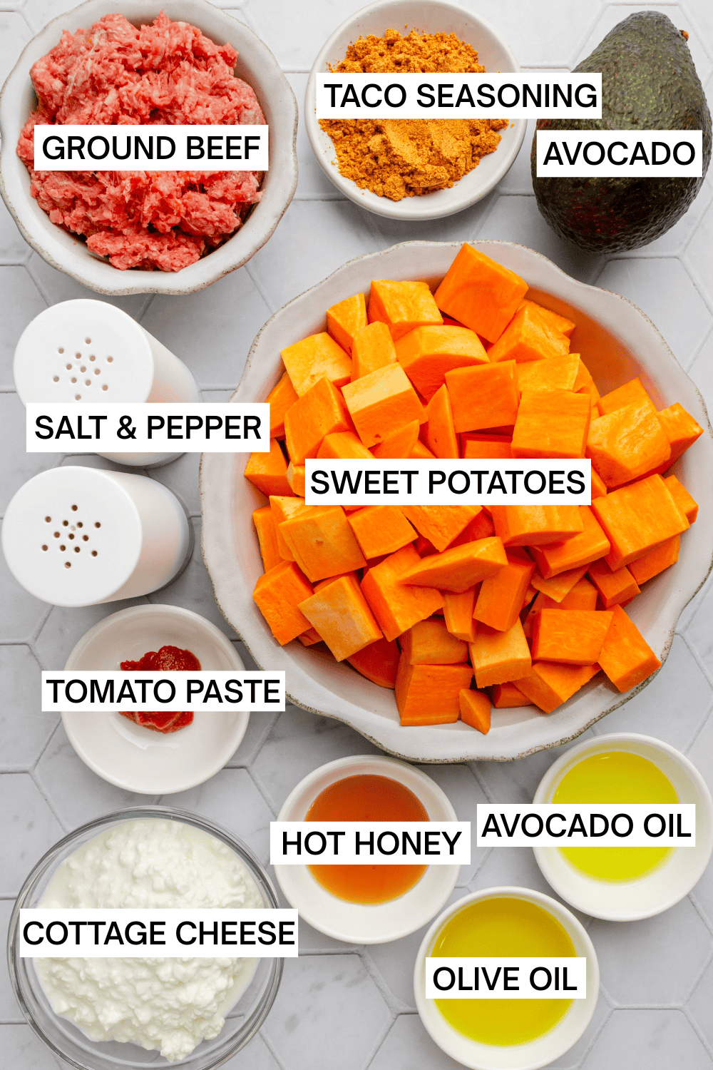 Ingredients for ground beef sweet potato bowl in bowls with labels over each ingredient.