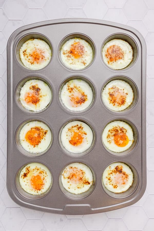 Whole baked eggs in a muffin tin pan.