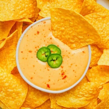 Platter of tortilla chips with a bowl of queso in the middle of the platter.