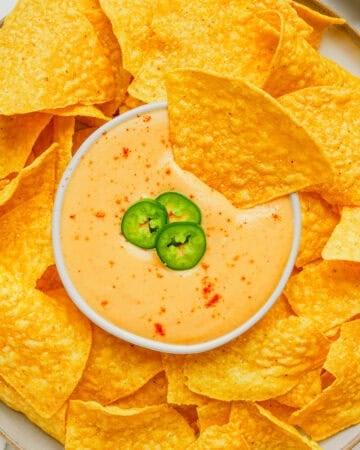 Platter of tortilla chips with a bowl of queso in the middle of the platter.